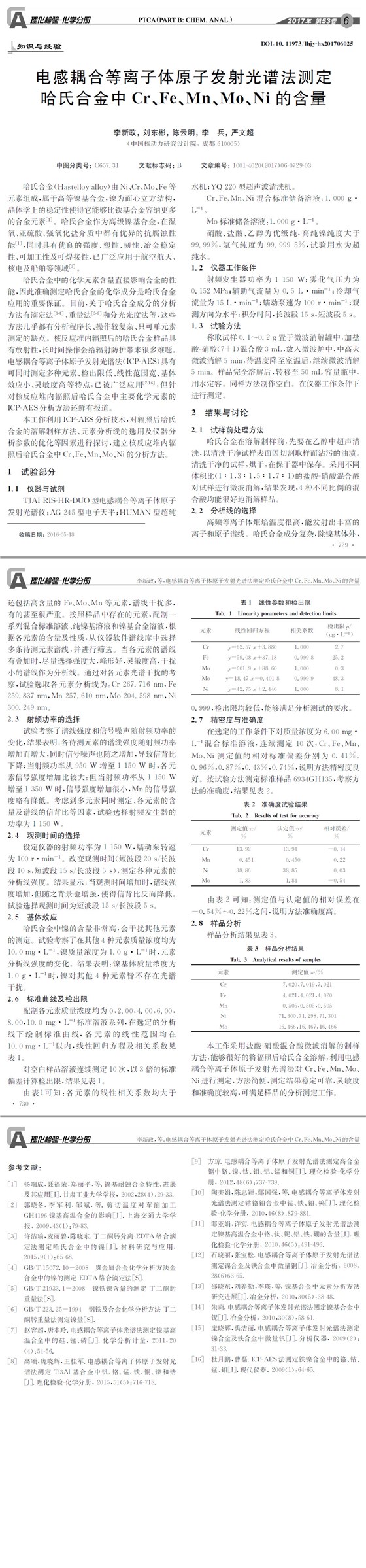 電感耦合等離子體原子發(fā)射光譜法測定哈氏合金中Cr、Fe、Mn、Mo、Ni的含量